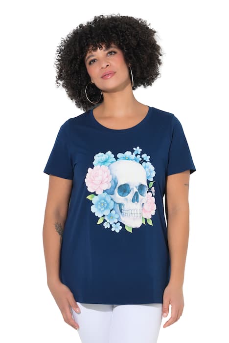 Tričko, pohodlný volný střih, motiv lebky s květinami