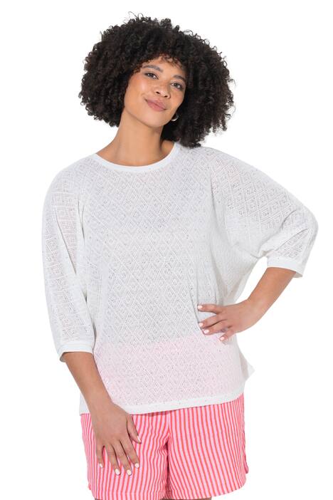 Svetr, volný střih, děrovaný úplet, netopýří polo rukáv