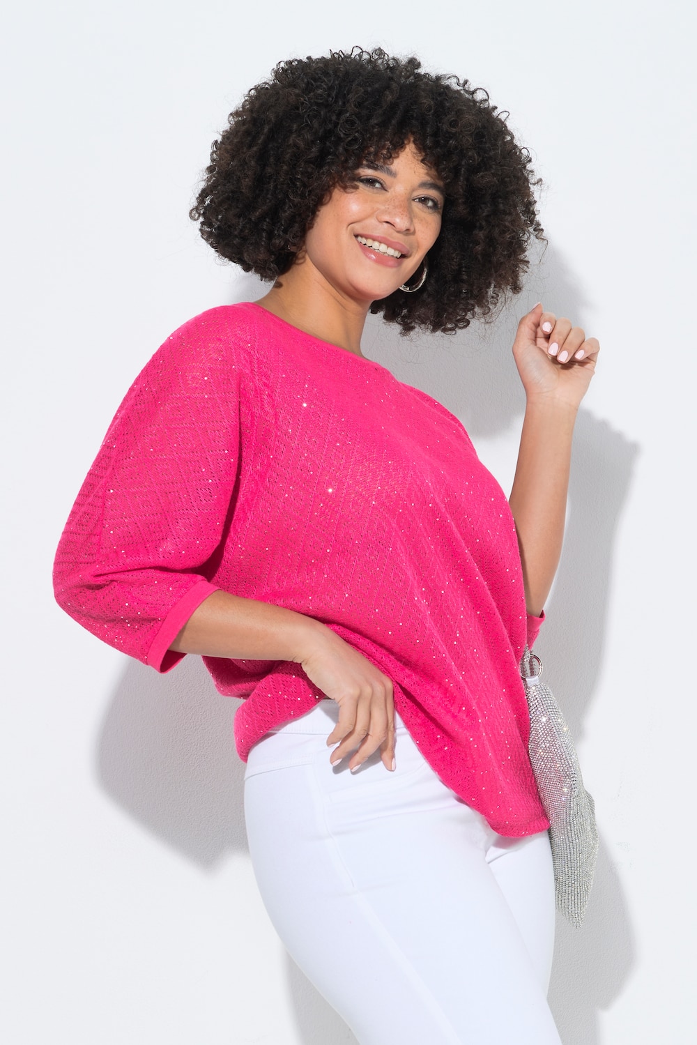 Pullover, Loose Fit, Lochstrick, Fledermaus-halbarm