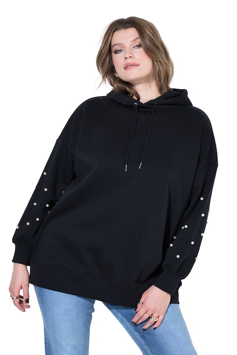 Mikina s kapucí, volný střih, dekorativní korálky, kapuce