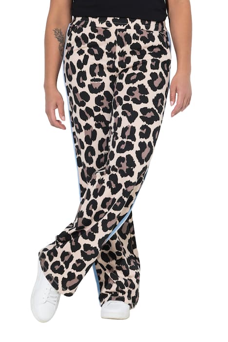 Tepláky, široké, rovné nohavice, leopardí vzor, boční pruhy