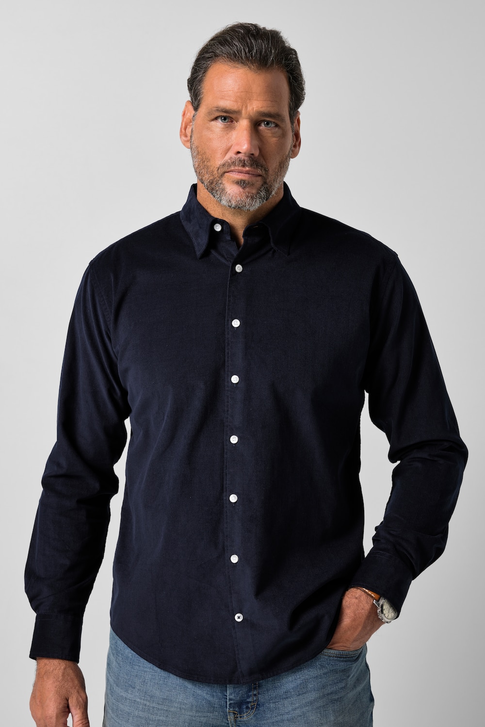 Fløjlsskjorte, langærmet, moderne pasform, skjult button-down krave, op til 8 XL