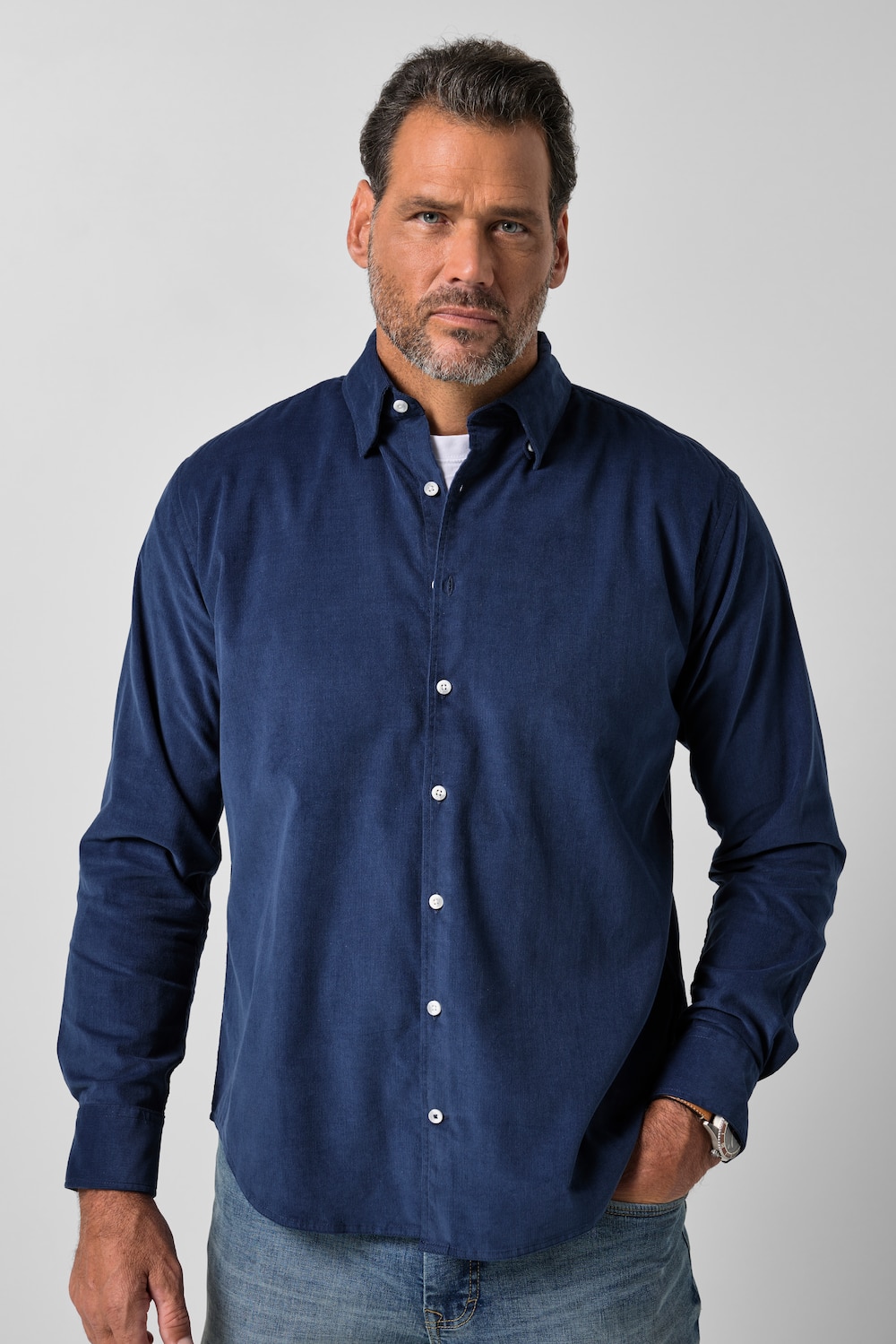 Fløjlsskjorte, langærmet, moderne pasform, skjult button-down krave, op til 8 XL