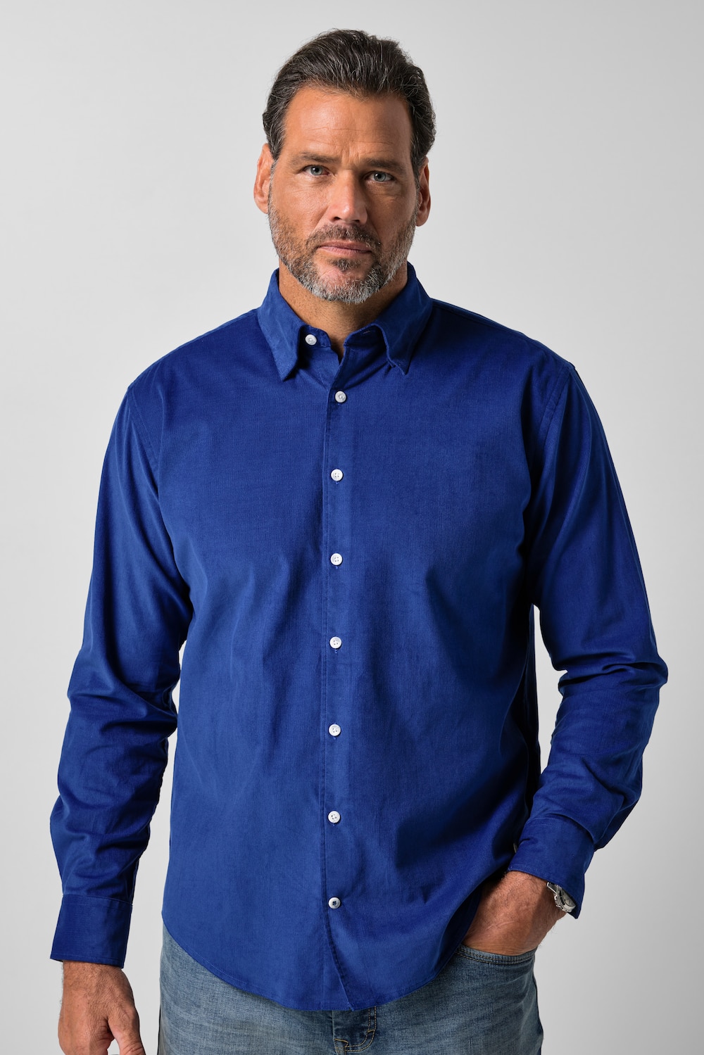 Fløjlsskjorte, langærmet, moderne pasform, skjult button-down krave, op til 8 XL