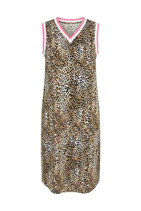 Midi šaty, áčkový střih, bez rukávů, leopardí vzor, ozdobné pásky