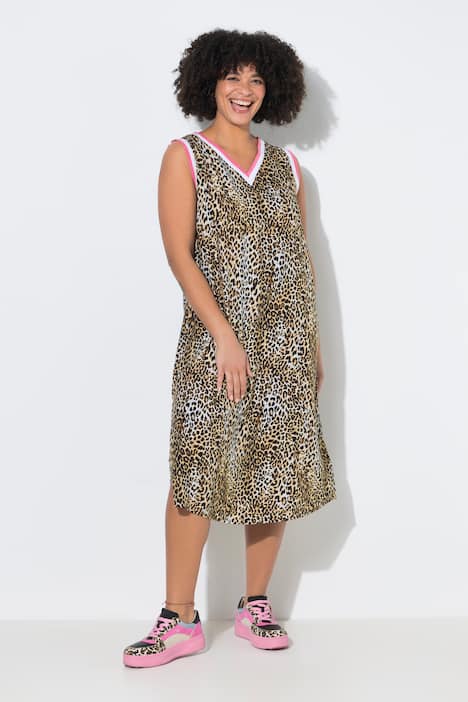 Midikleid, A-Linie, ärmellos, Leo-Muster, Zierbänder