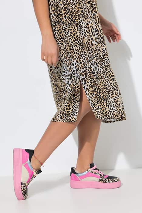 Midikleid, A-Linie, ärmellos, Leo-Muster, Zierbänder