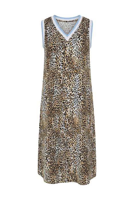 Midi šaty, áčkový střih, bez rukávů, leopardí vzor, ozdobné pásky