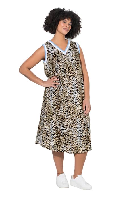 Midi šaty, áčkový střih, bez rukávů, leopardí vzor, ozdobné pásky