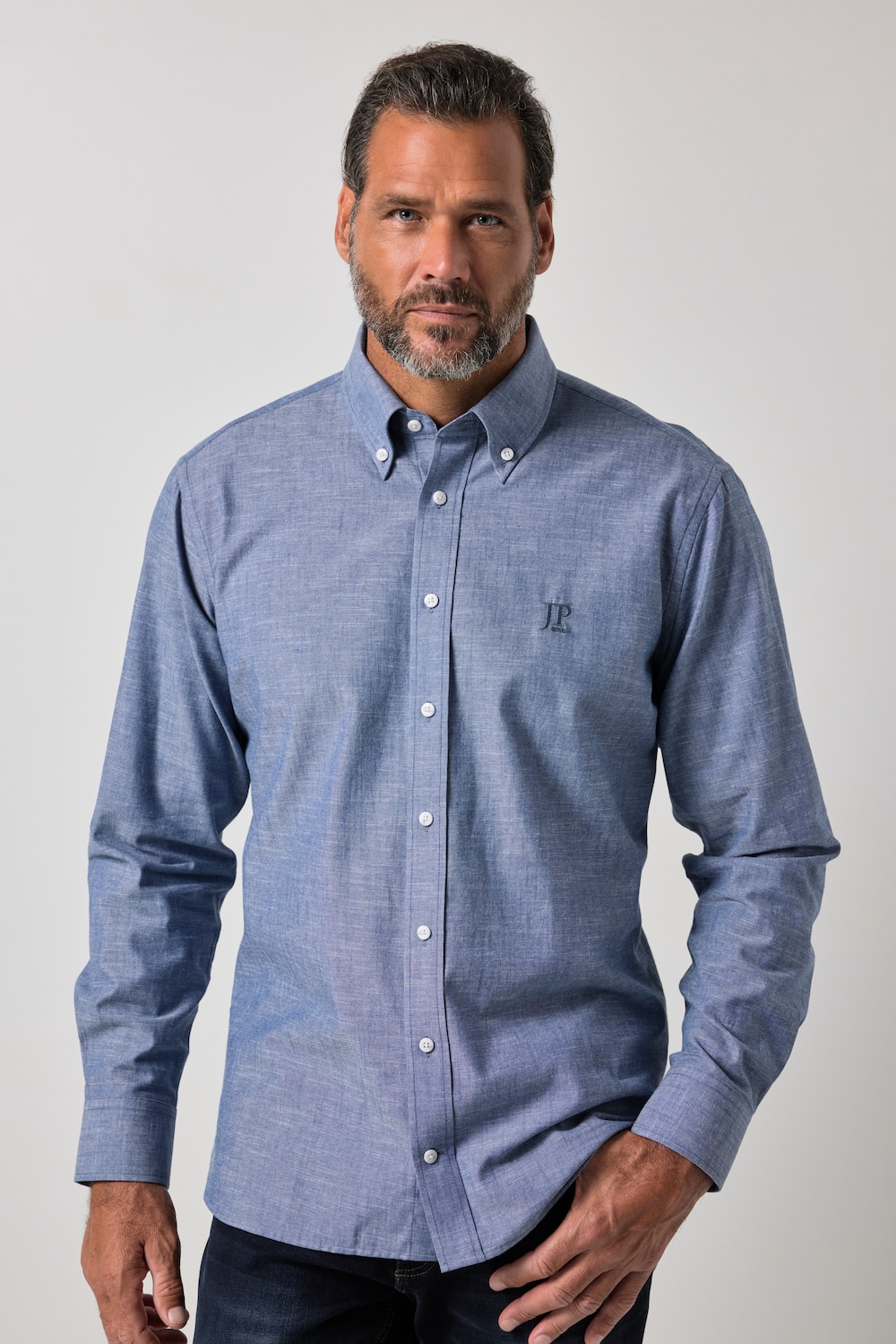 Skjorte, lange ermer, moderne passform, chambray, krage med knapper, opptil størrelse 8XL