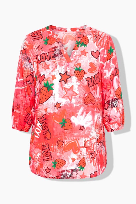 Bluse, A-Linie, Erdbeeren und Herzen, 3/4-Ärmel