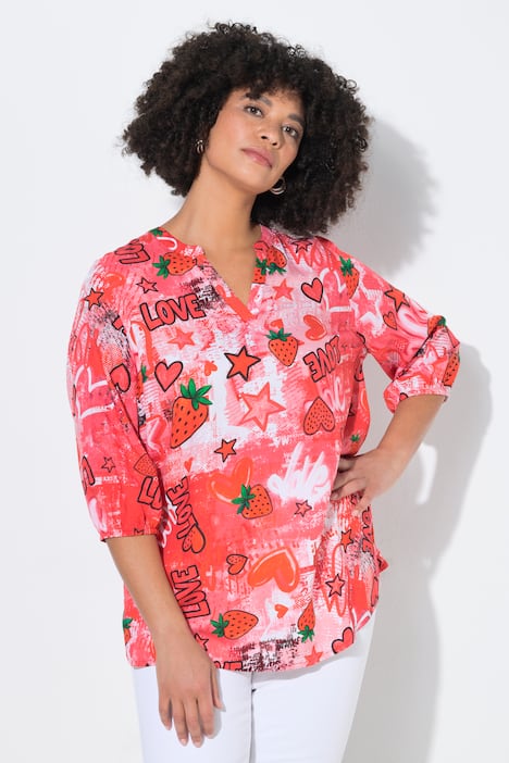 Bluse, A-Linie, Erdbeeren und Herzen, 3/4-Ärmel