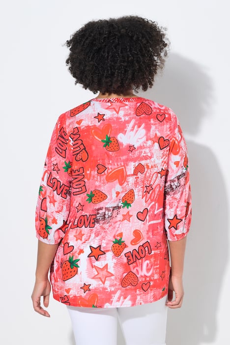 Bluse, A-Linie, Erdbeeren und Herzen, 3/4-Ärmel