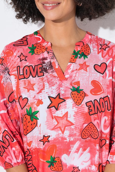 Bluse, A-Linie, Erdbeeren und Herzen, 3/4-Ärmel