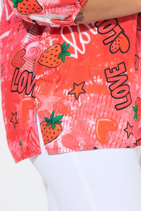 Bluse, A-Linie, Erdbeeren und Herzen, 3/4-Ärmel
