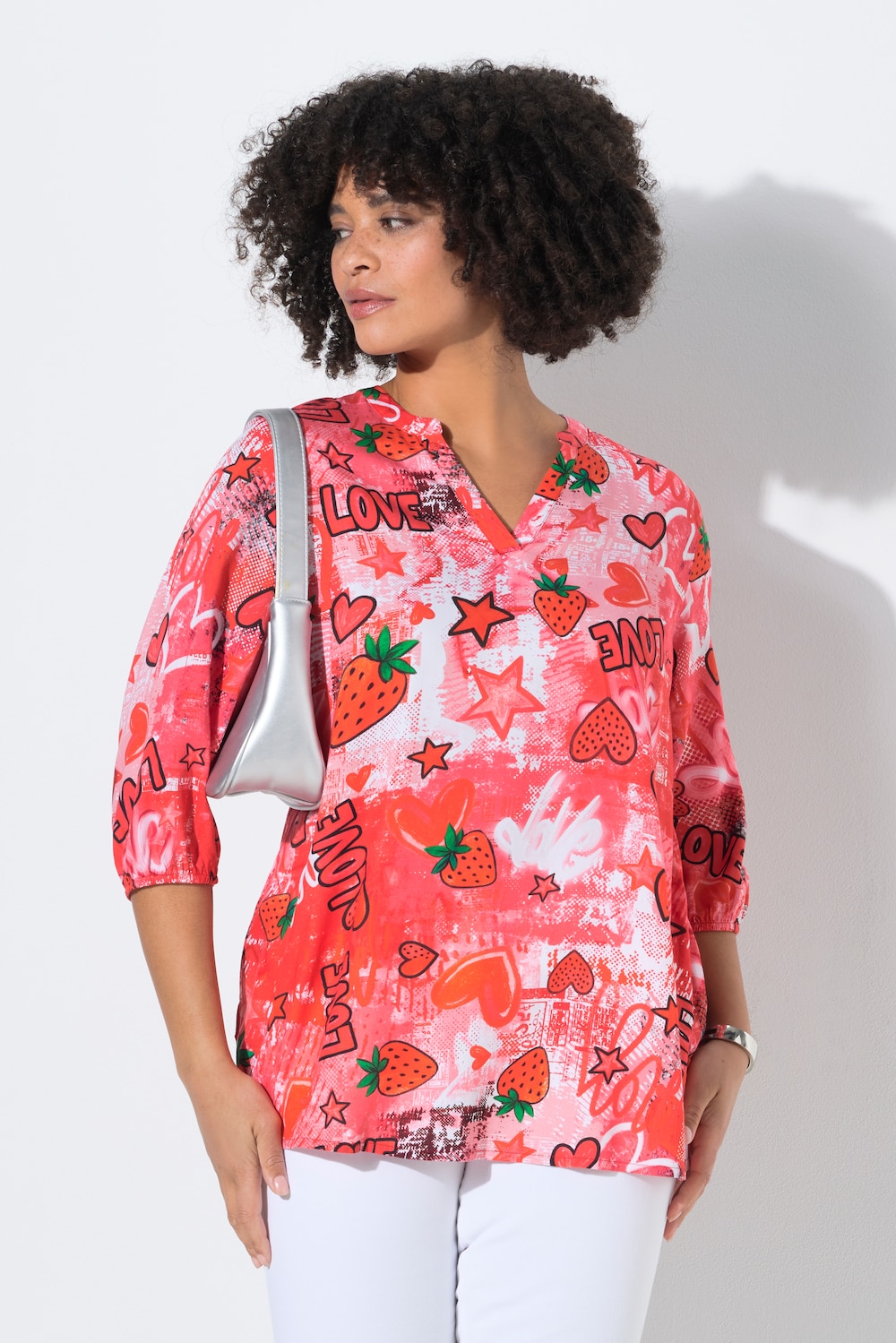 Bluse, A-Linie, Erdbeeren und Herzen, 3/4-Ärmel