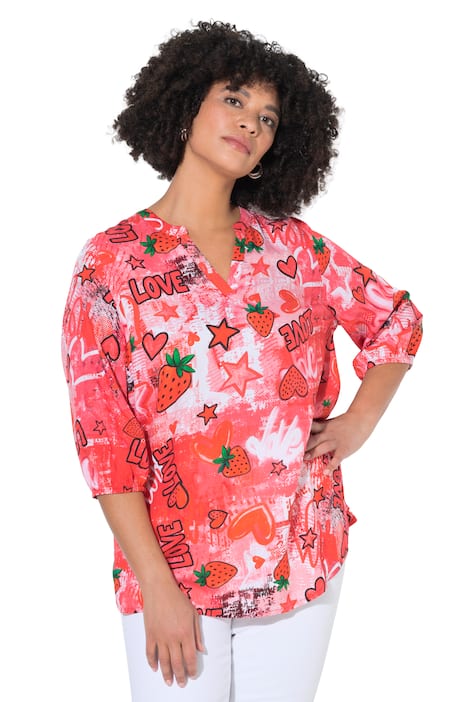 Halenka, áčkový střih, jahody a srdce, 3/4 rukáv