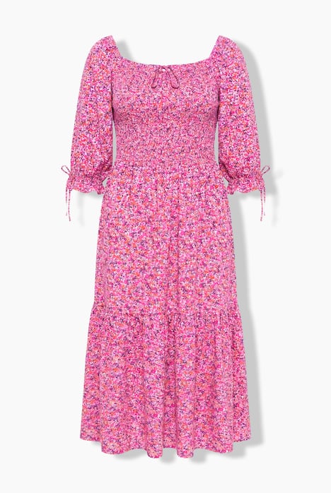 Gesmokte jurk, midilengte, minimalistisch motief, 3/4-pofmouw