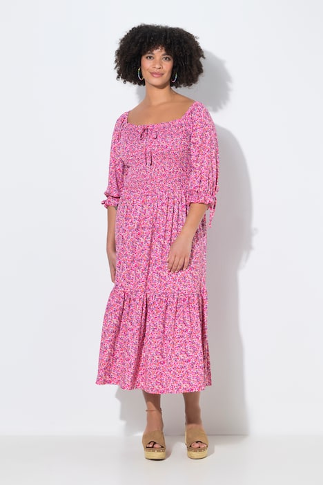 Gesmokte jurk, midilengte, minimalistisch motief, 3/4-pofmouw