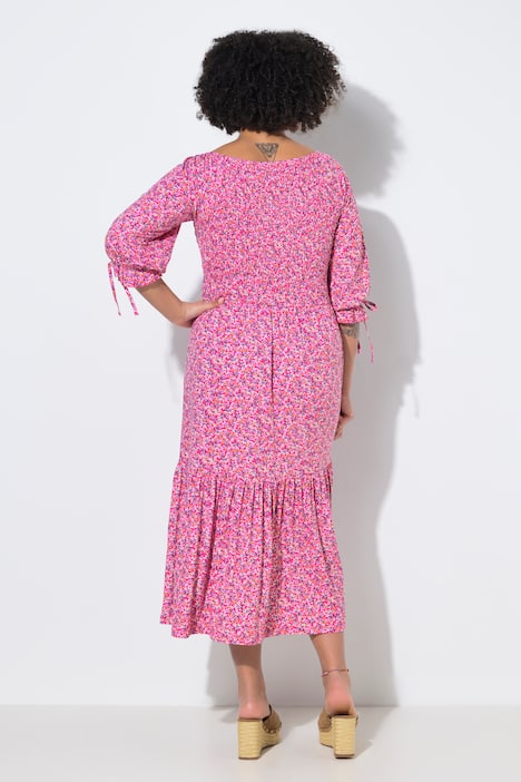 Gesmokte jurk, midilengte, minimalistisch motief, 3/4-pofmouw