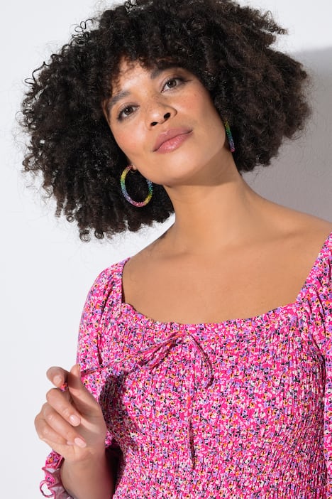 Gesmokte jurk, midilengte, minimalistisch motief, 3/4-pofmouw