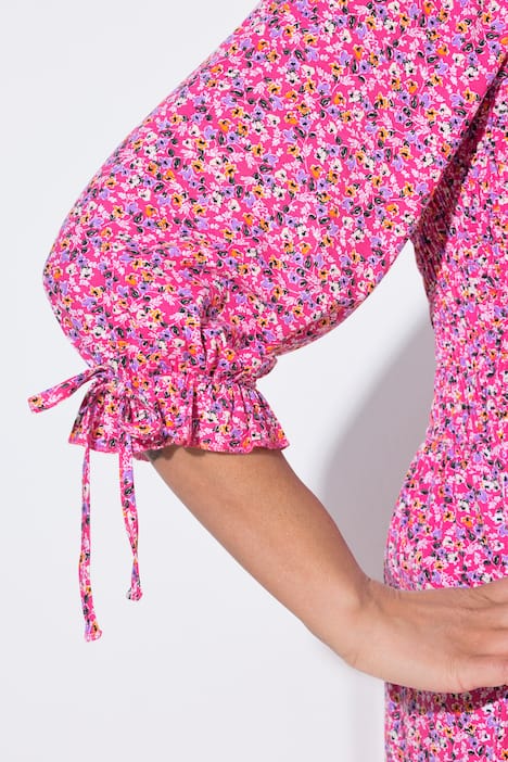 Gesmokte jurk, midilengte, minimalistisch motief, 3/4-pofmouw