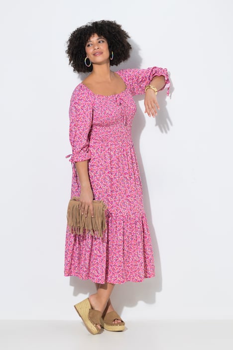 Gesmokte jurk, midilengte, minimalistisch motief, 3/4-pofmouw