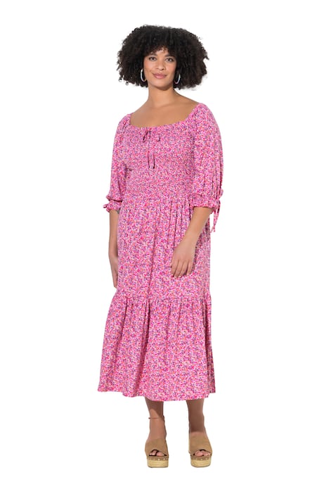 Midi šaty s pružným řasením, midi délka, minimalistický vzor, 3/4 nabírané rukávy