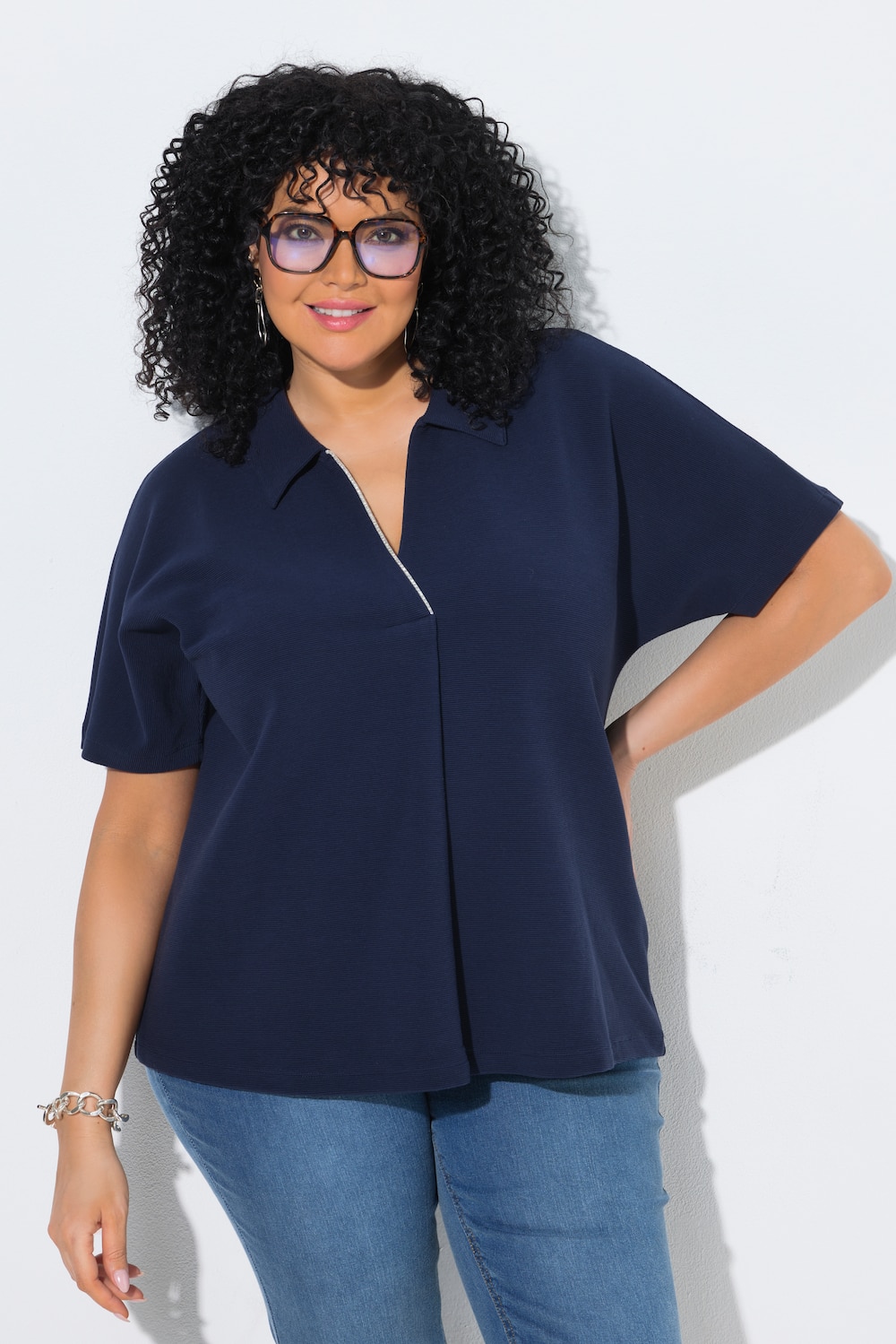 T-shirt, boord met siersteentjes, oversized model, overhemdkraag, korte mouw