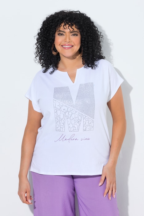 T-shirt, siersteentjes, oversized, tuniekhals, korte mouw