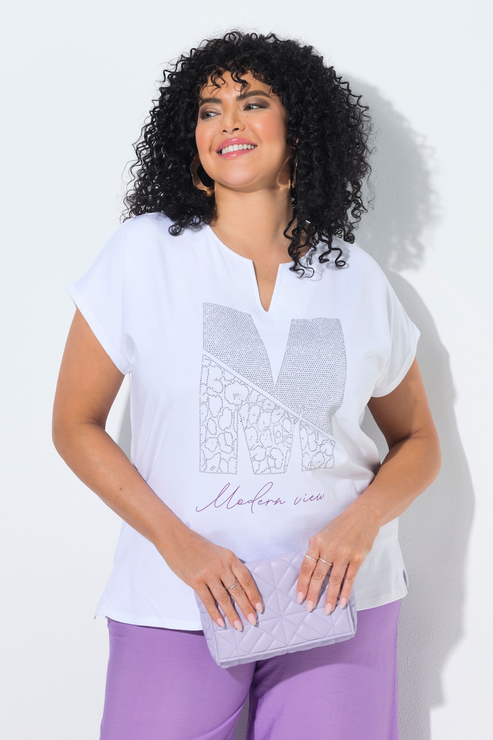 T-Shirt, Ziersteine, Oversized, Tunika-Ausschnitt, Halbarm