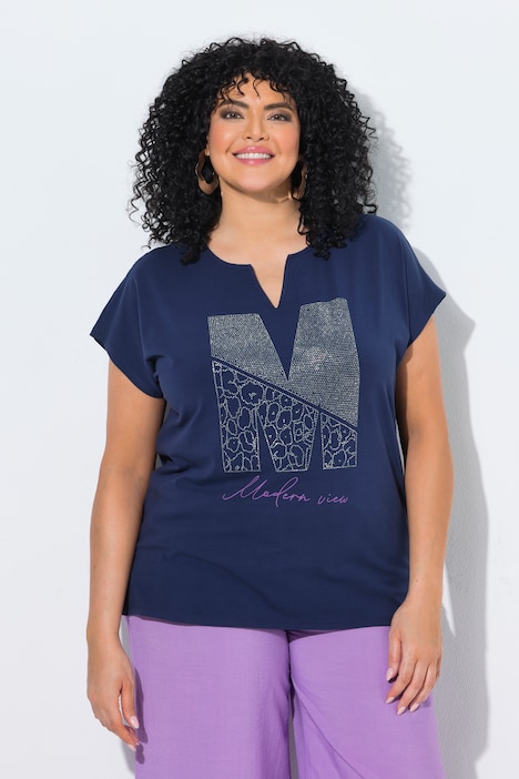 T-shirt, siersteentjes, oversized, tuniekhals, korte mouw