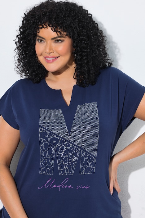 T-shirt, siersteentjes, oversized, tuniekhals, korte mouw