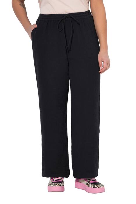 Mušelínové kalhoty, široké, rovné nohavice, elastický pas