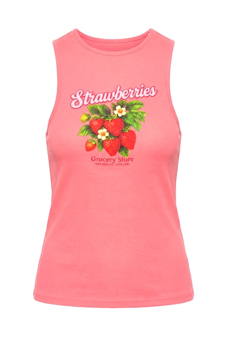 Žebrovaný top, přiléhavý střih, žebrovaný úplet, motiv s jahodami