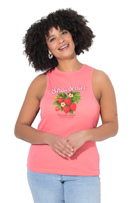 Žebrovaný top, přiléhavý střih, žebrovaný úplet, motiv s jahodami