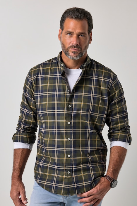Chemise à carreaux, manches longues et petit col à pointes boutonnées, coupe Modern Fit - jusqu'au 8 XL