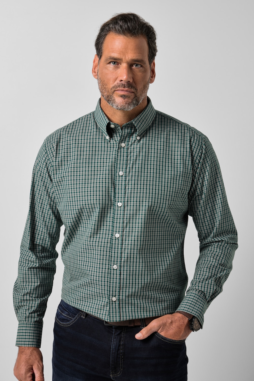 Ternet skjorte, lange ærmer, Modern Fit, buttondown-krave, op til 8 XL