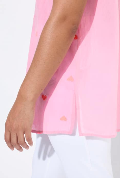 Bluse, oversized, neon jordbærbroderi, halve ermer