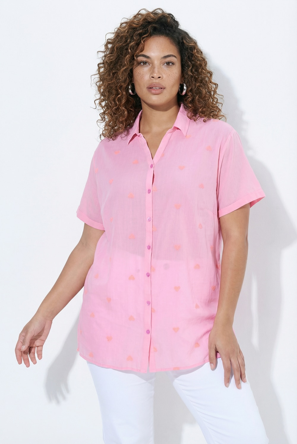 Bluse, oversized, neon jordbærbroderi, halve ermer