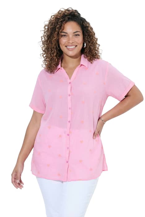 Halenka, volný střih, neonová jahodová výšivka, krátké rukávy