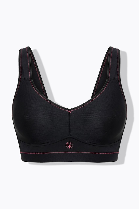 Sportovní podprsenka, ozdobné švy, bez měkkých košíčků, bez kostic, košíčky B–F