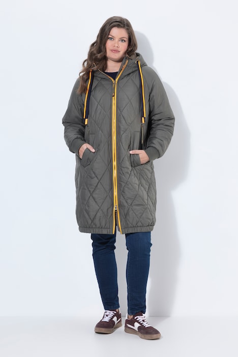Long-Steppjacke, Kapuze mit Teddy