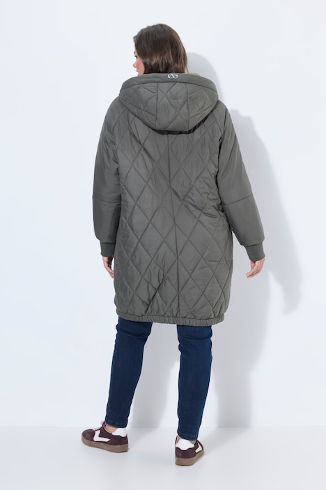 Long-Steppjacke, Kapuze mit Teddy