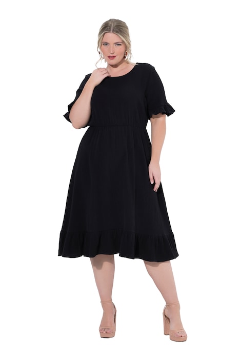 Mušelínové šaty, midi délka, volány, krátkérukávy