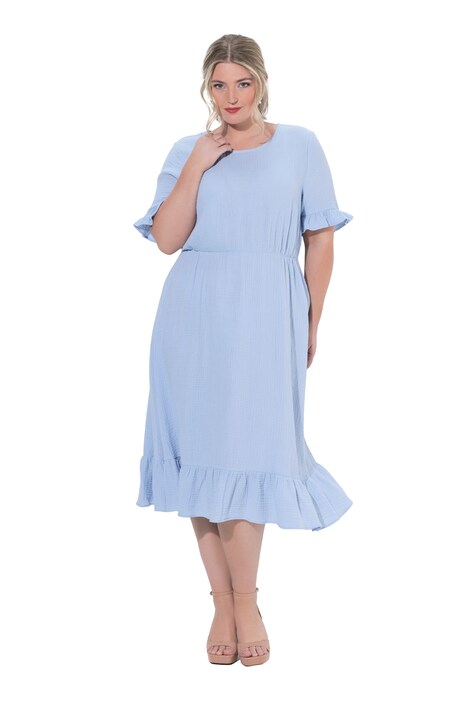 Mušelínové šaty, midi délka, volány, krátkérukávy