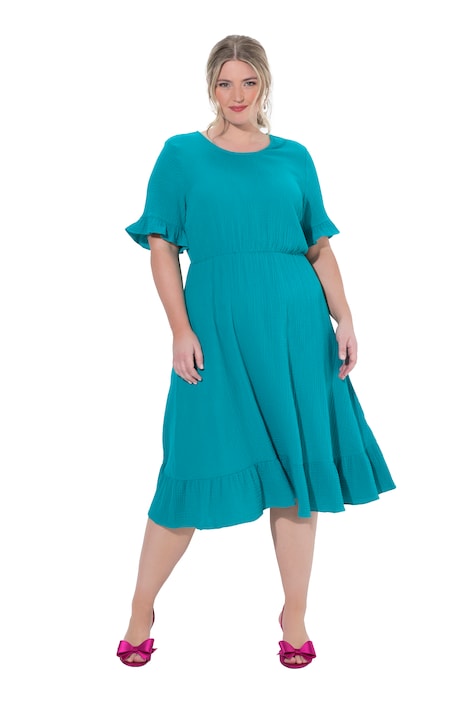 Mušelínové šaty, midi délka, volány, krátkérukávy