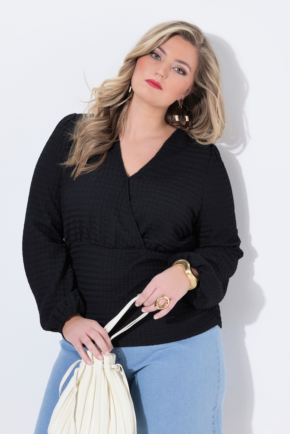 T-Shirt, bequeme Passform, Strukturjersey, Ballon-Langarm