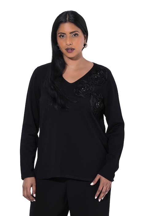 Pullover, 3D-Blüten, Perlen, V-Ausschnitt, Langarm