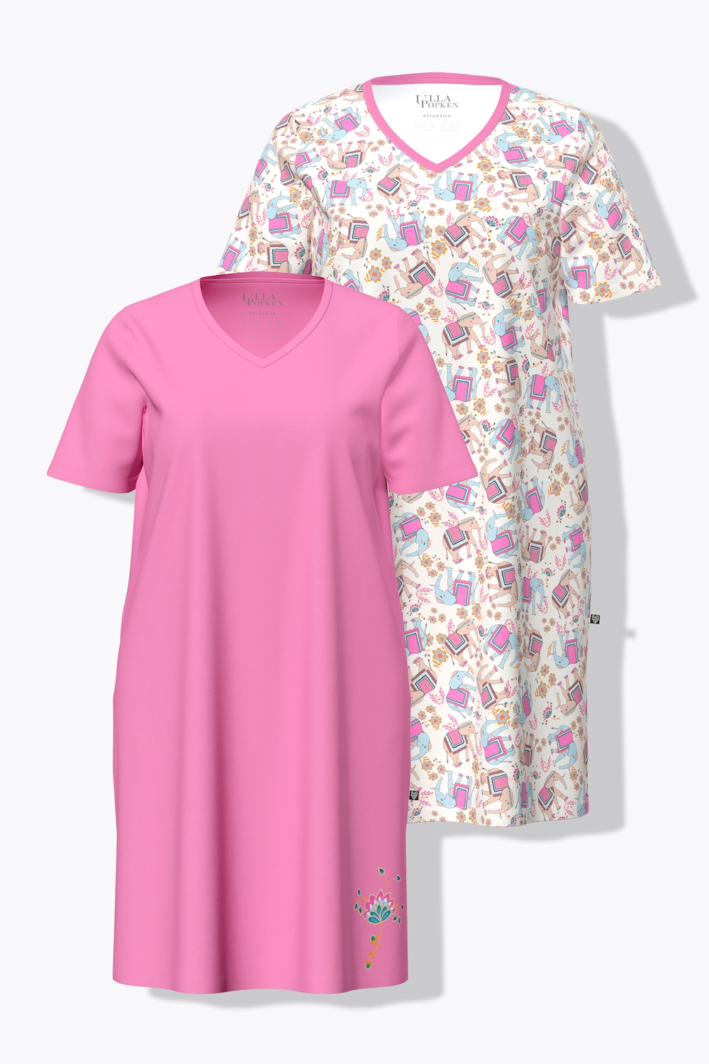Bigshirts, set van 2, bloemen/olifanten, V-hals, korte mouwen